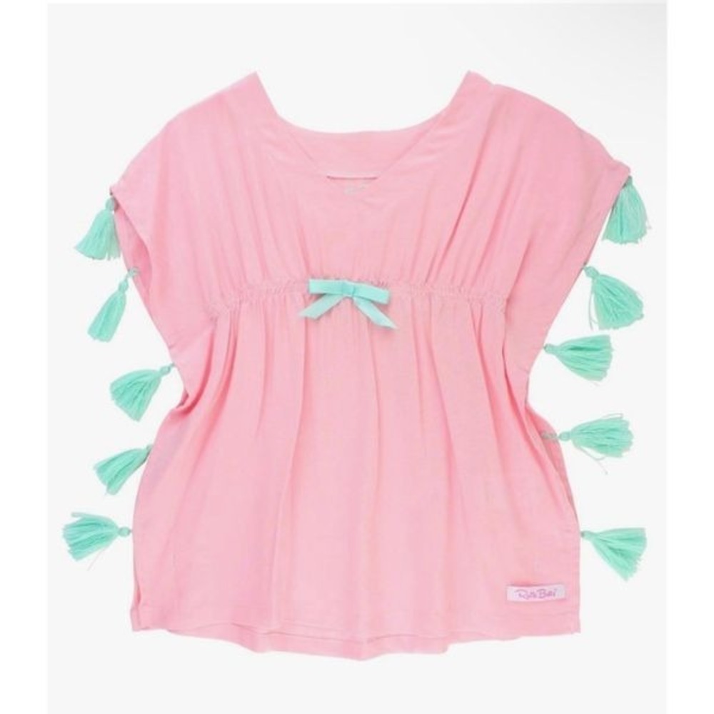 RuffleButts® Girls Woven Kaftan Pom Pom Poncho Swimsuit Cover-Up 4-5